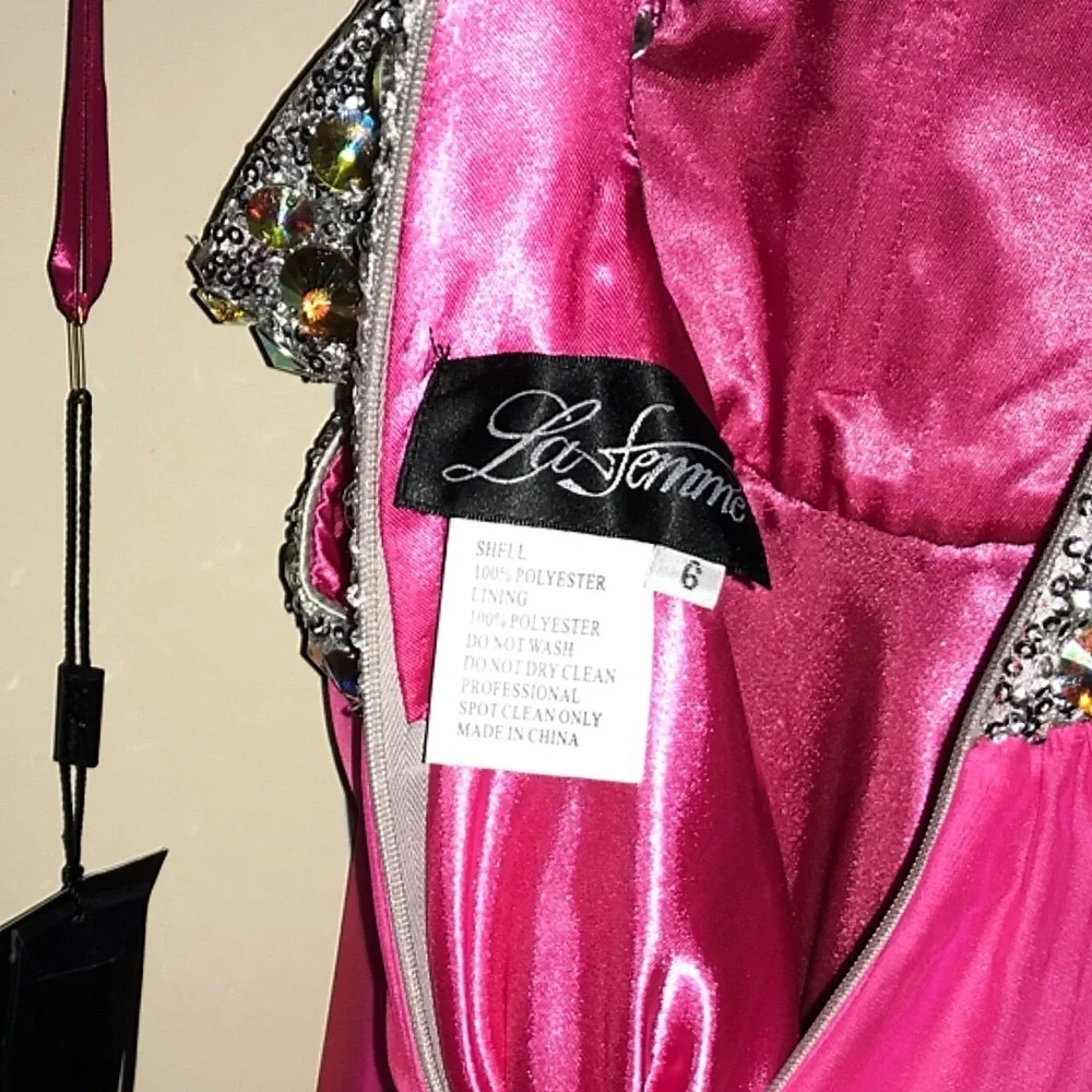 La Femme Bold Pink Gemstone Embellished Sleeveless Gown Dress